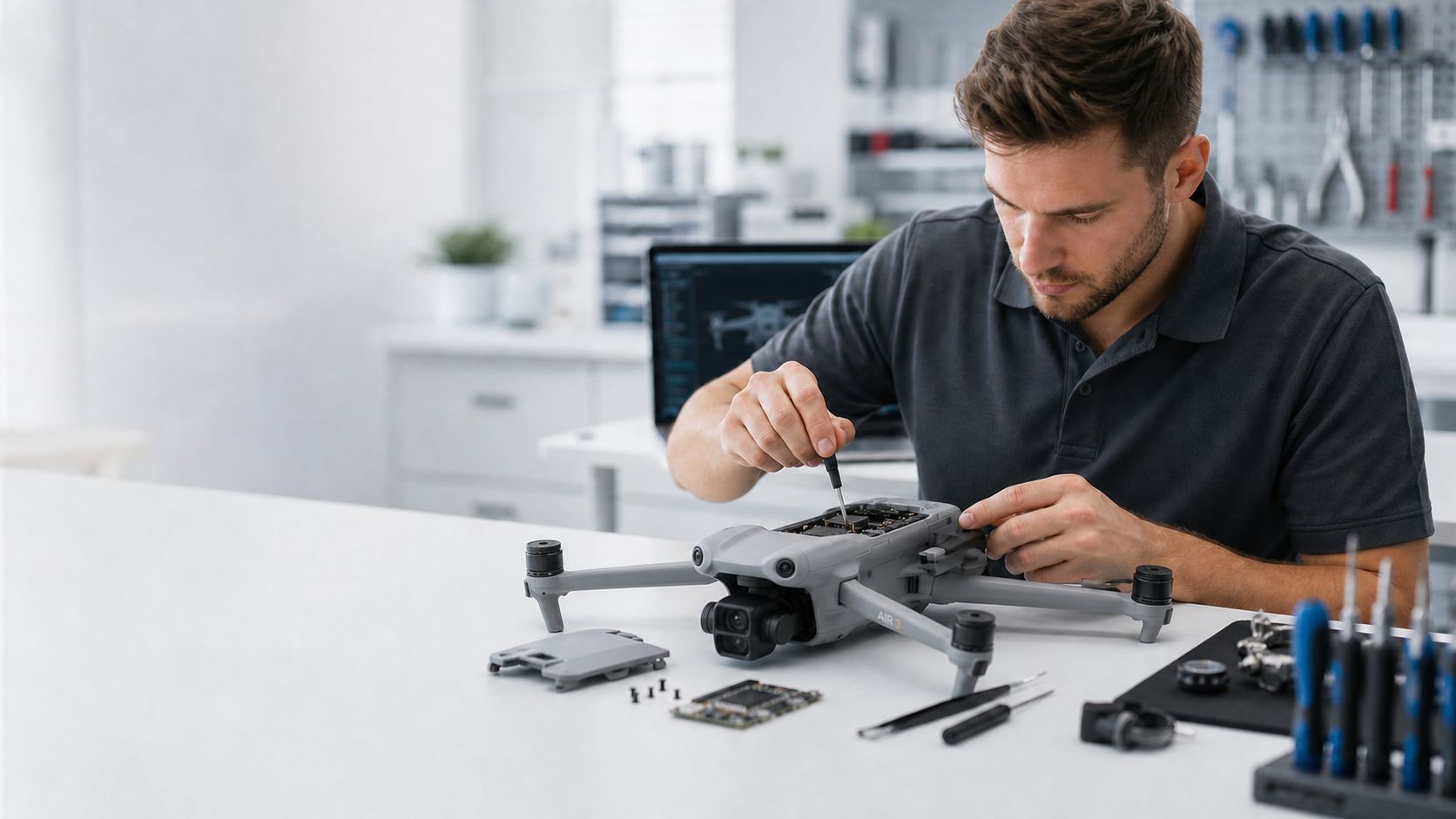 Certified technician repairing a drone
